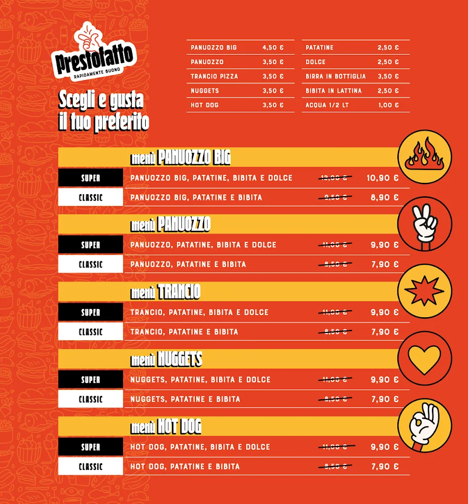 Menu grafico Prestofatto con panuozzi, tranci, nuggets, hot dog e bibite